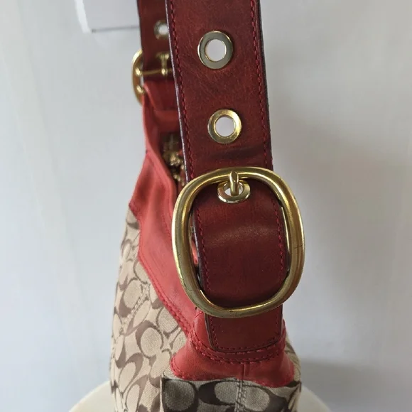 Coach Monogram Canvas Shoulder Bag with Red Leather Trim Vintage - Picture 6 of 13